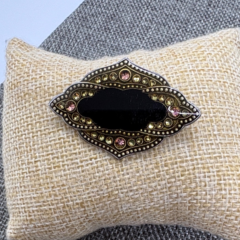 Vintage Catherine Popesco Enameled Black Brooch with Pink Accents